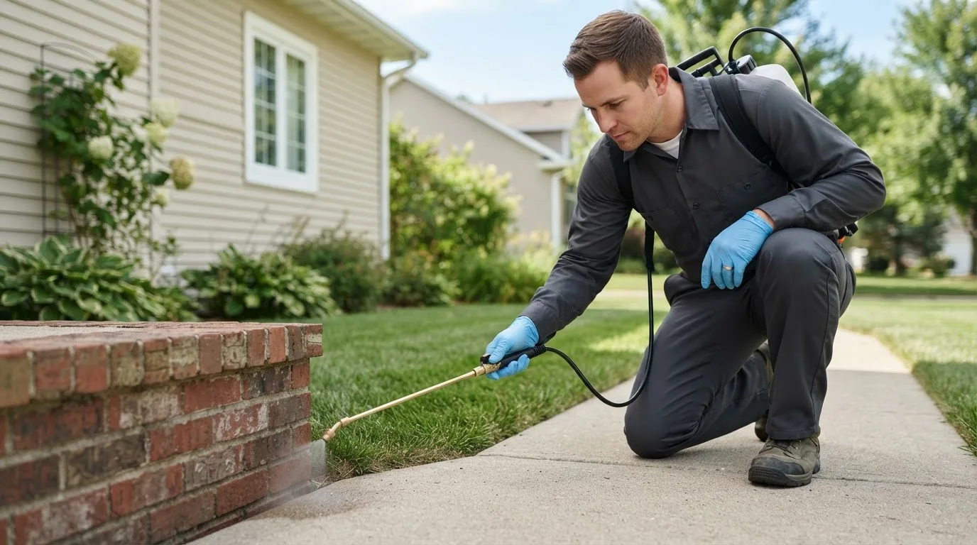 Pest control technician treating a home near Rumely, MI
