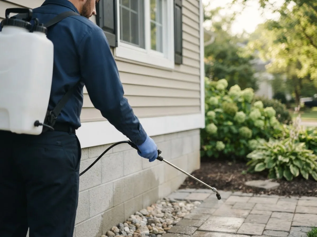 Pest control technician inspecting a home in Rumely, MI
